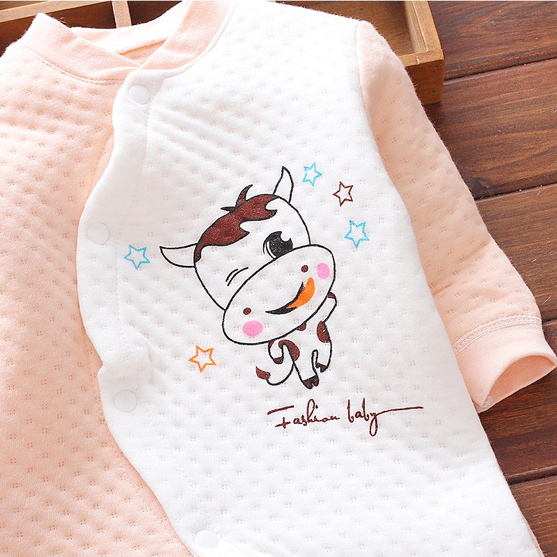 Bộ bodysuit trần bông 3 lớp cho bé, bộ body dài tay liền thân sơ sinh họa tiết đáng yêu 100% cotton_ BD30