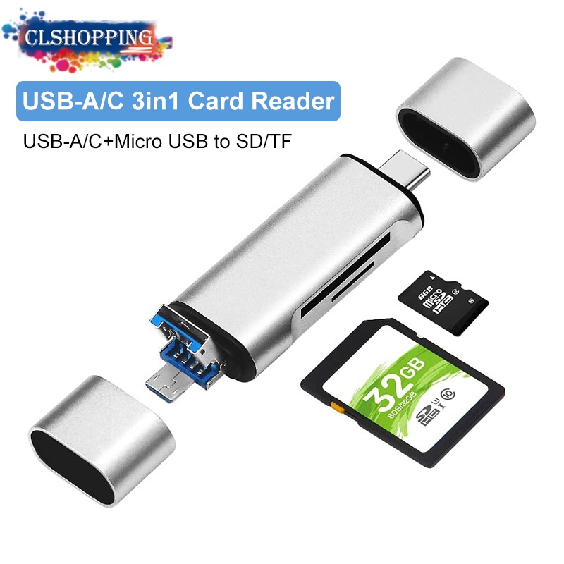 Đầu đọc thẻ nhớ SD/Micro SD 3 trong 1 với cổng USB C MicroUSB OTG cho PC Laptop MacBook