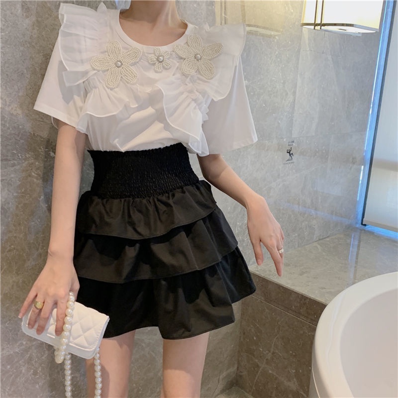 Áo Thun Đen Tay Ngắn Phối Bèo Hoạ Tiết Hoa Phong Cách Pháp  tao bao