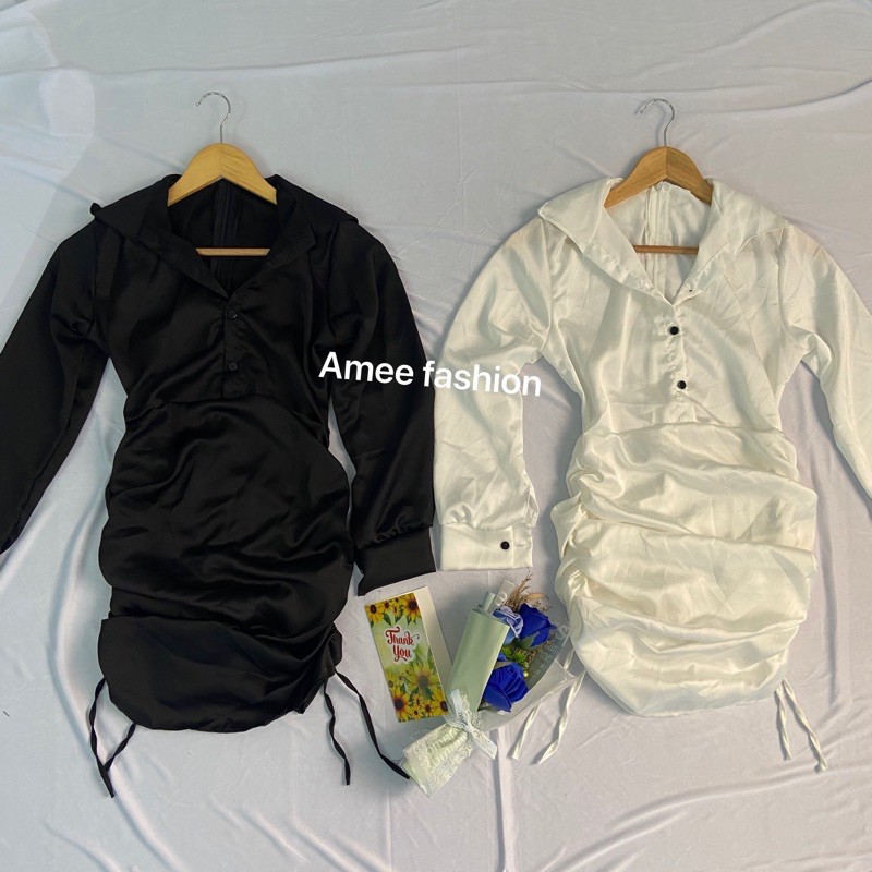 Váy đầm nữ body cổ sơ mi nhún hai bên hông chất lụa satin cao cấp, mềm mịn kiểu dáng trẻ trung thích hợp mặc đi tiệc | BigBuy360 - bigbuy360.vn