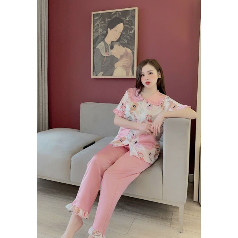 Đồ ngủ pijama lụa cao cấp tiểu thư mẫu mới túi trái tim tay cộc quần dài