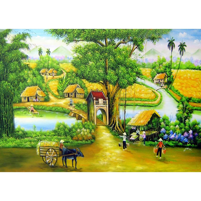 Tranh Đồng Quê Việt Nam Lụa 3D Cao Cấp Dán Tường phong cảnh hữu tình, non xanh nước biếc hình ảnh sắc net, không lo phai