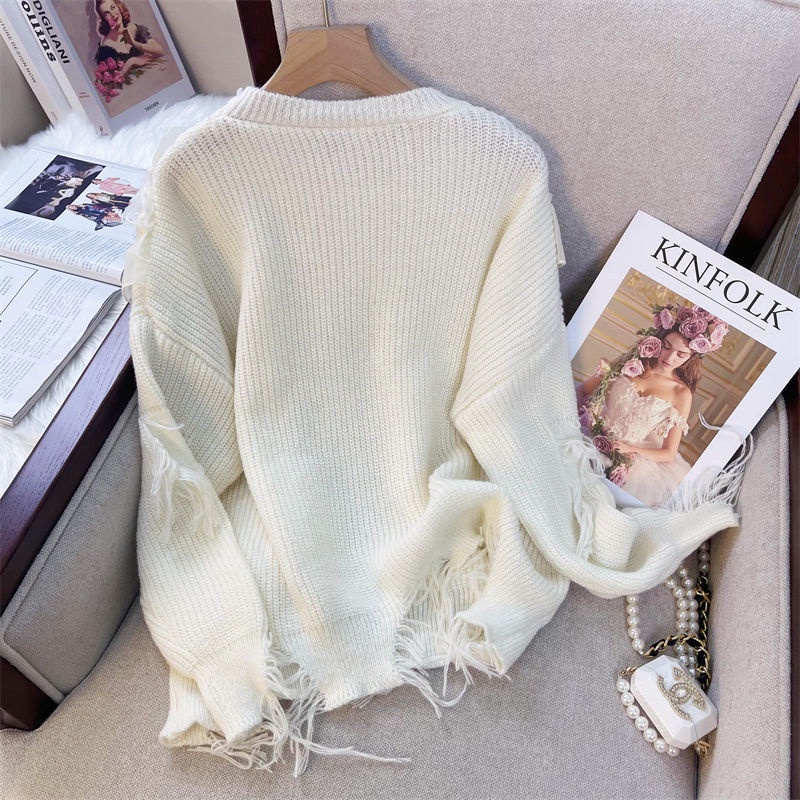 Áo Sweater Dệt Kim Mềm Dáng Rộng Phối Bèo Kiểu Hàn Quốc Thời Trang Mùa Thu Cho Nữ