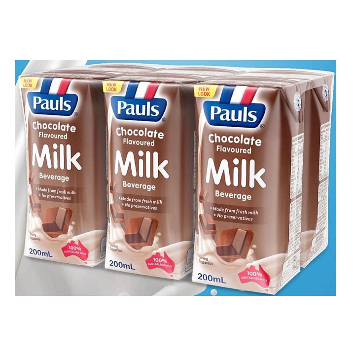 Log 6 hộp sữa Pauls nguyên kem, tách kem nhiều Canxi, Dâu, Socola đủ vị 200ml - Úc