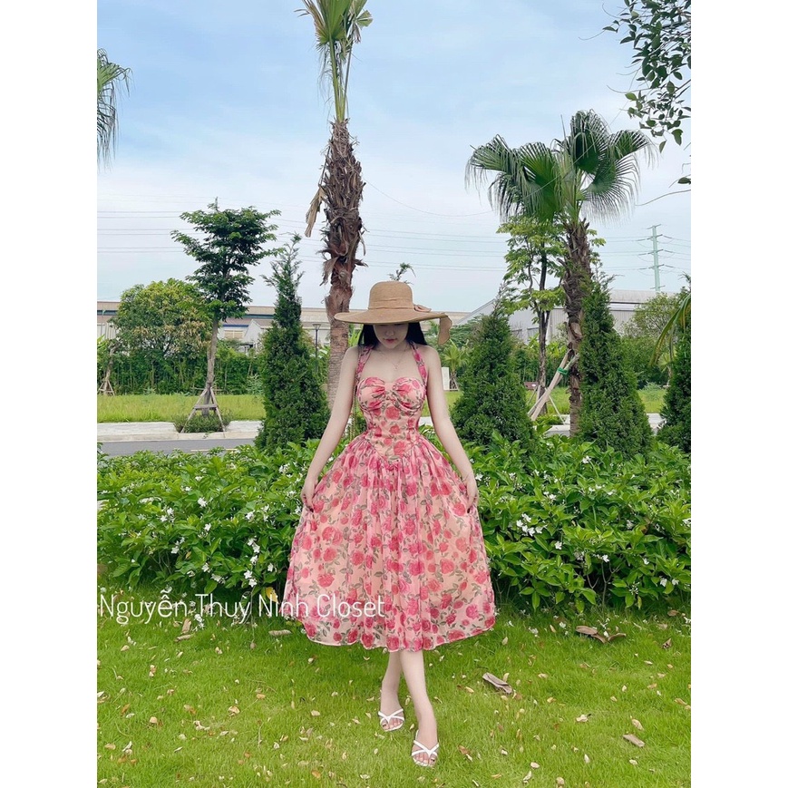Váy maxi hoa hai dây cột nơ có mút ngực - Đầm Maxi Hoa Đi Biển Chất Lụa 2 lớp From Xoè Vintage Sang Chảnh Chất Chill