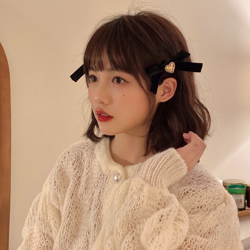 Kẹp tóc/ Dây buộc tóc cao su bọc nhung màu đen phối hình nơ xinh xắn cho nữ