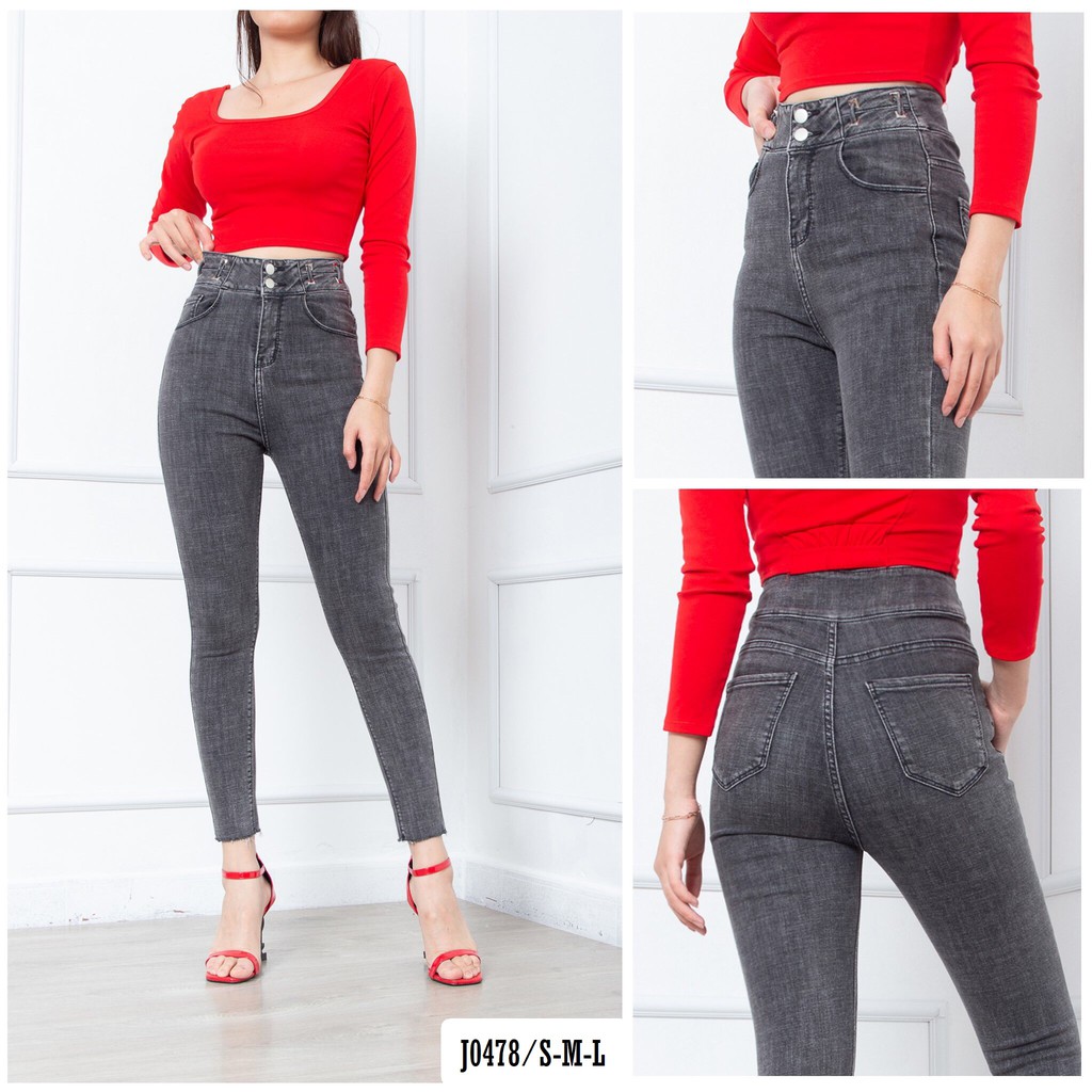 Quần Jean Nữ Lưng Cao Màu Xám 2 Nút J0478 - Jeany