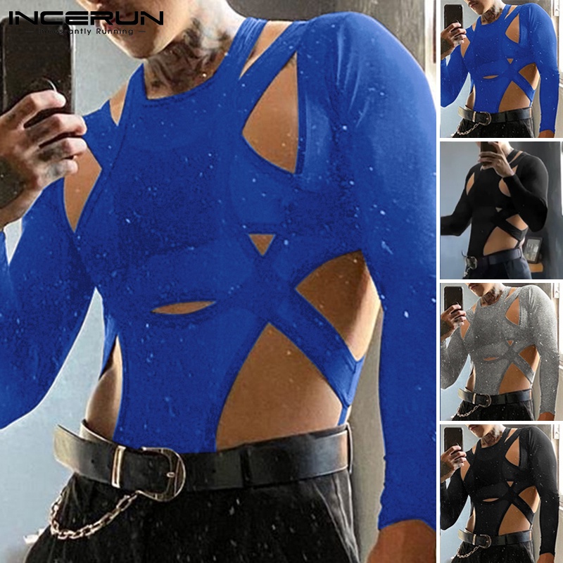 Áo liền quần INCERUN tay dài màu trơn thiết kế khoét quyến rũ