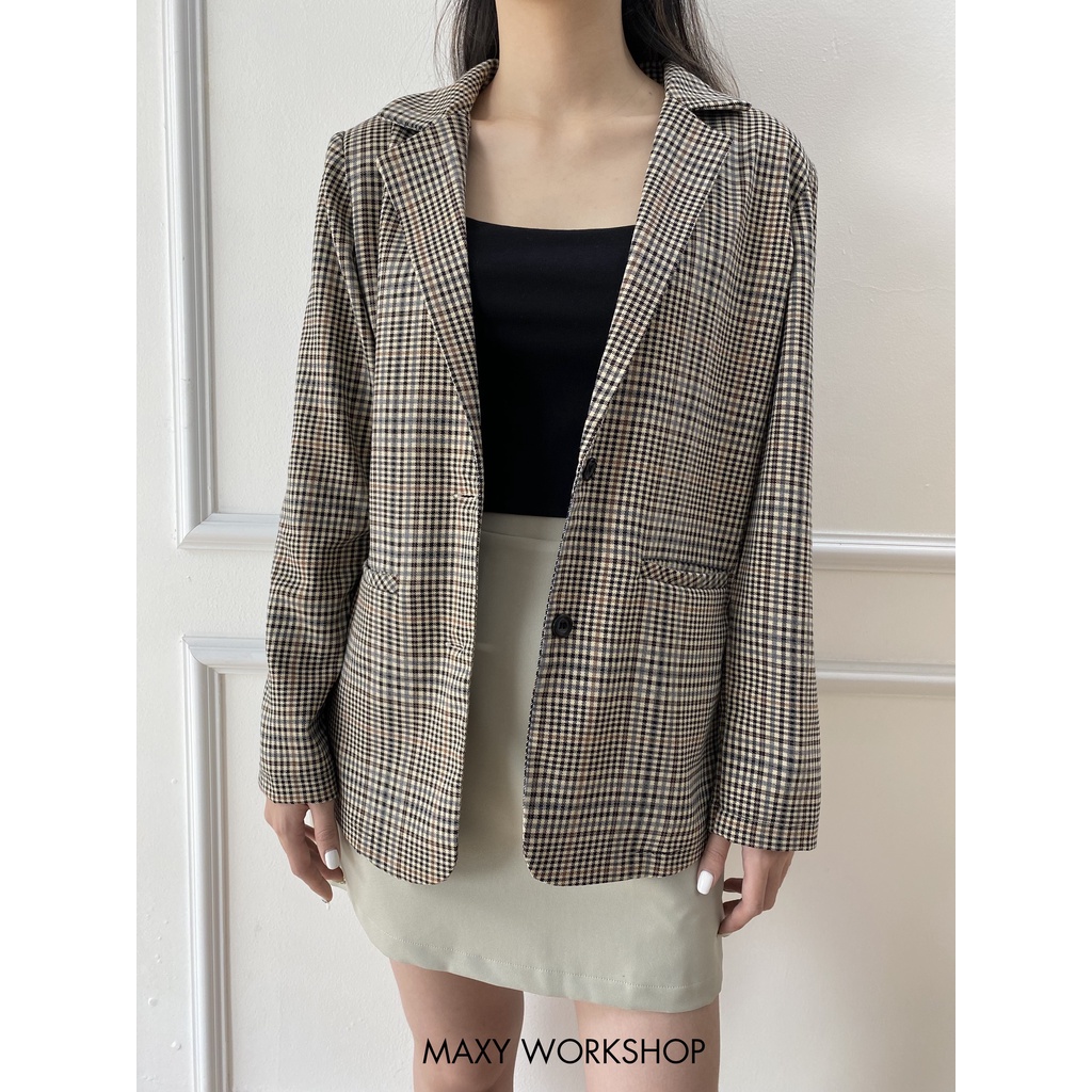 Áo khoác nữ công sở sọc nâu caro button blazer Maxy Workshop