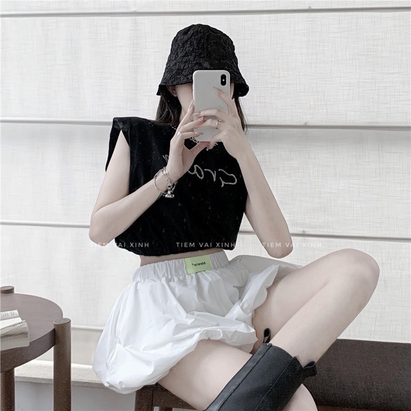 Áo Thun Croptop [Tiệm Vải Xinh] Set Áo Thun Croptop Đệm Vai Mix Quần Đùi Ống Rộng - Hàng Quảng Châu Cao Cấp