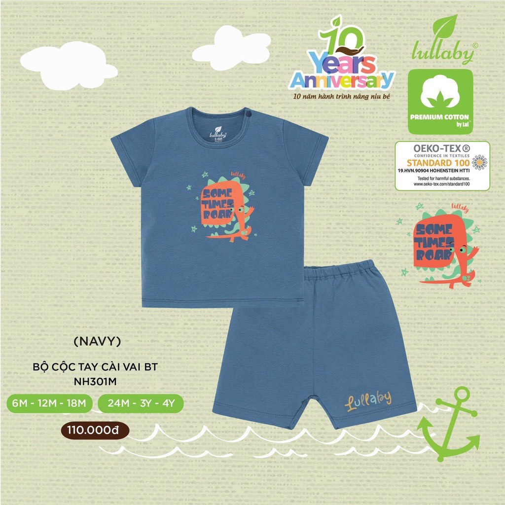 [CHÍNH HÃNG]Bộ cộc tay cài vai quần đùi họa tiết bé trai cotton cao cấp Lullaby chính hãng
