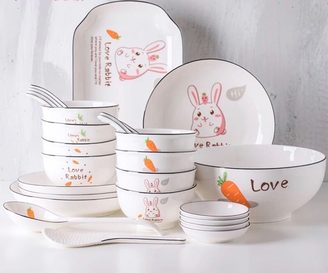 Bộ bát đĩa sứ 28 món LOVE RABBIT cực đáng yêu ( 2 mẫu ) - VS151