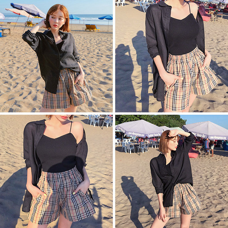 Quần ngắn ống rộng Họa Tiết Ca Rô Thời Trang Dành Cho Nữ