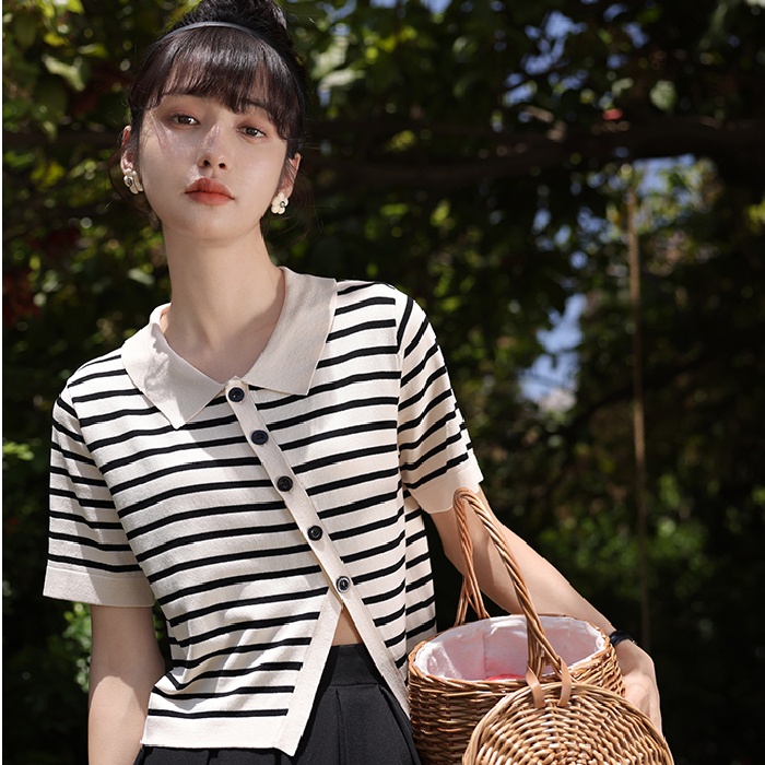 Áo Cardigan Dệt Kim Tay Ngắn Kẻ Sọc Thiết Kế Xẻ Tà Cá Tính