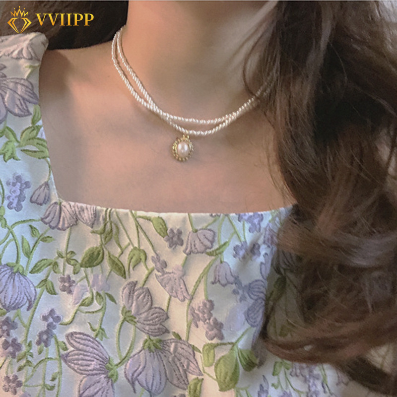 Dây chuyền nhiều lớp đính hạt ngọc trai nhân tạo phong cách Hàn Quốc retro thời trang