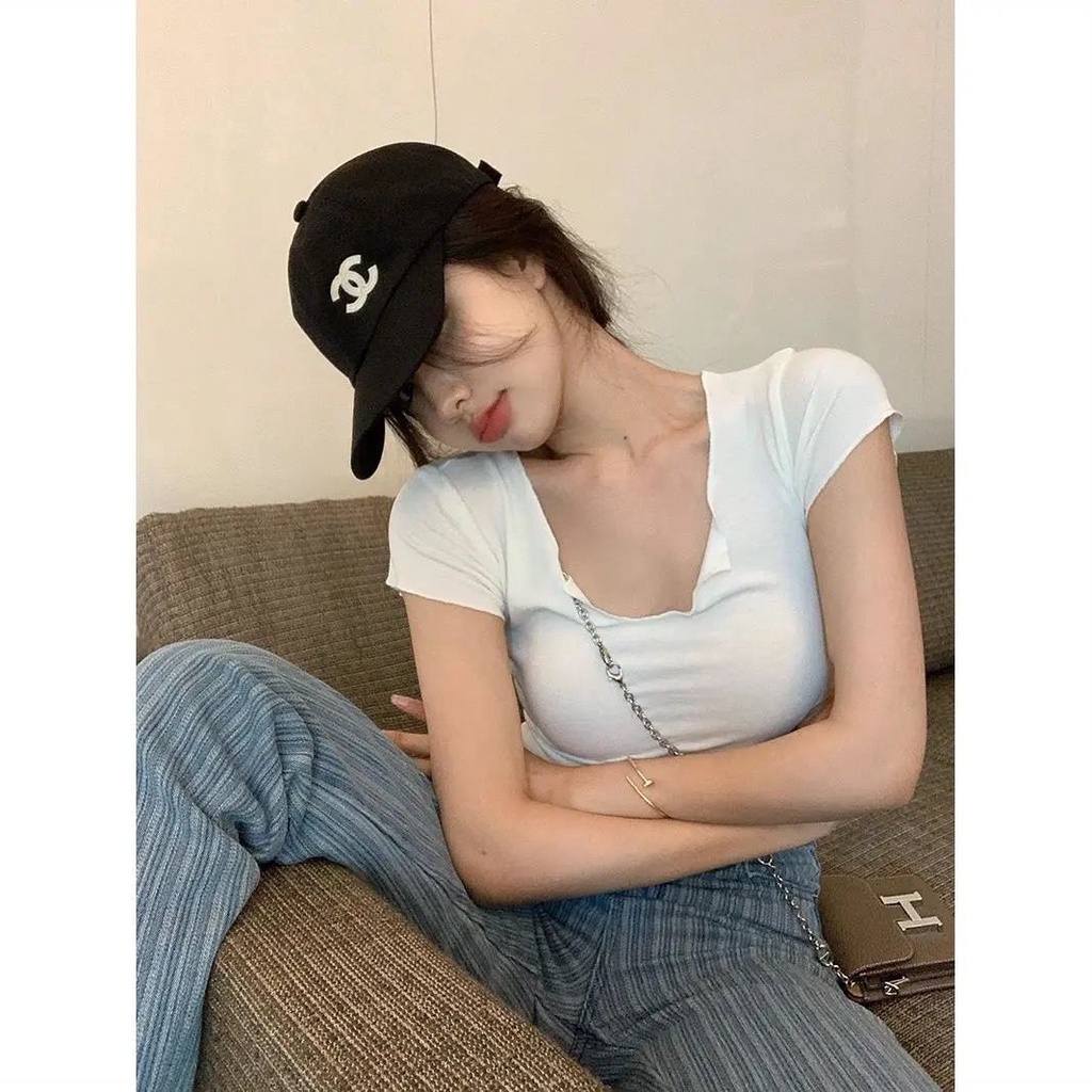 Áo thun dệt kim tay ngắn dáng ôm nhiều màu phong cách mùa thu cho nữ