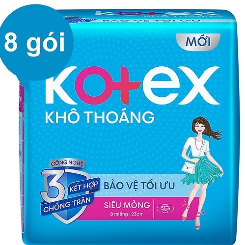 (Bao bì mới tặng kèm) Lốc 8 Gói Kotex Siêu Mỏng Cánh 23cm ( 8 Miếng ) băng vệ sinh