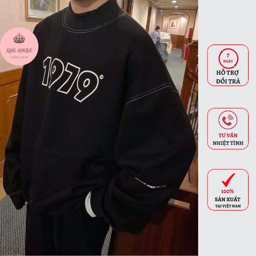 Áo khoác sweater nỉ nam nữ cổ lọ EDEL HOUSE 1979 1976 trắng đen basic form rộng unisex E487