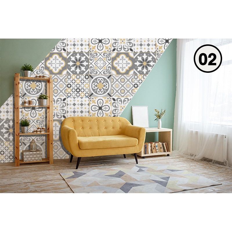 Decal Dán Tường Trang Trí Bếp Họa Tiết Xám Vàng (02) | Giấy Dán Bếp Chống Bay Màu, Bắn Dầu Mỡ