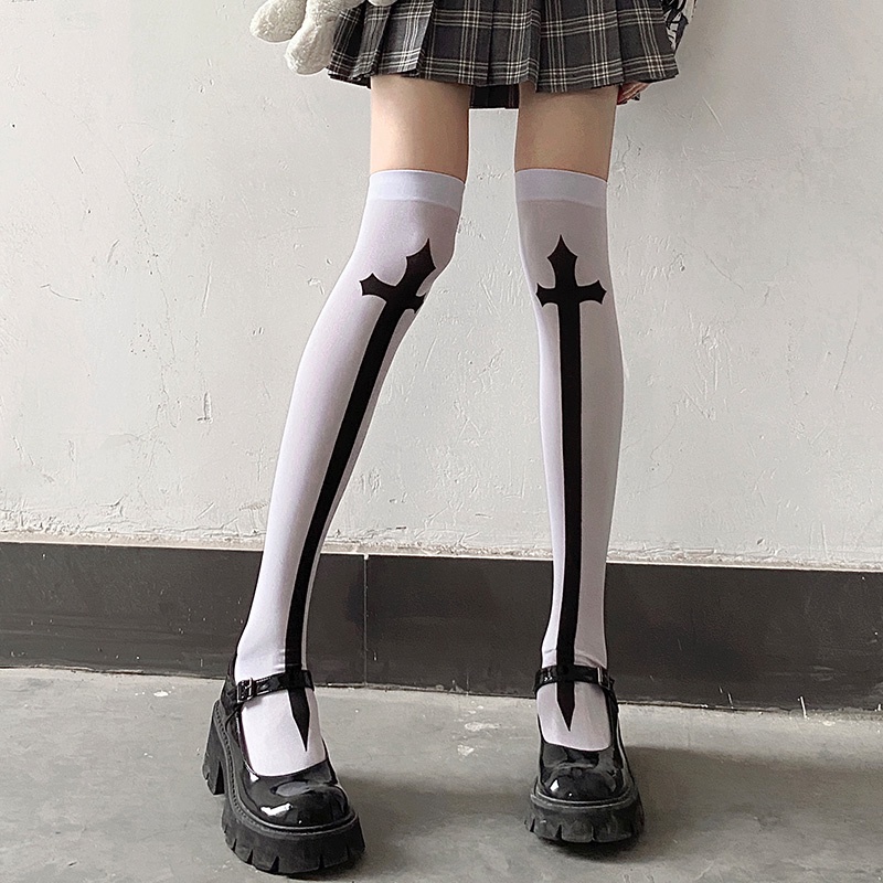 Japanese Harajuku Long Socks Festival Party Cross Cosplay Black Stockings Dark Gothic Y2K Knee Thigh Socks for Women's Skirts