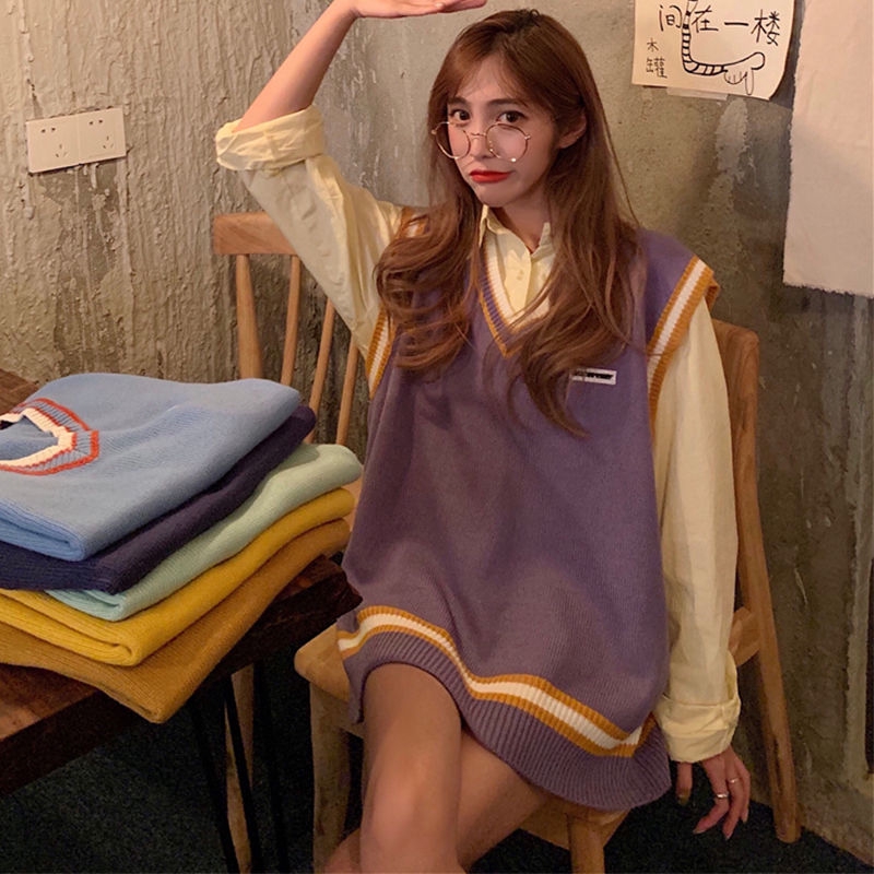 Áo Len Không Tay Cổ Chữ V Họa Tiết Kẻ Sọc Thời Trang Mùa Thu Hàn Quốc | BigBuy360 - bigbuy360.vn