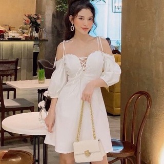 ✨Đầm trắng dự tiệc dáng xòe 2 dây đan dây tay lỡ sang trọng dành cho nữ