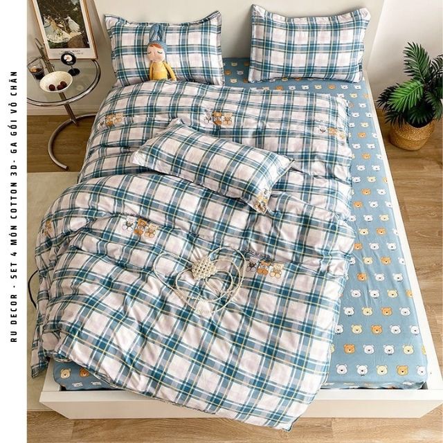 Set 4 món ga gối vỏ chăn cotton 3d RU DECOR, miễn phí bo chun drap nệm, ga giường theo yêu cầu