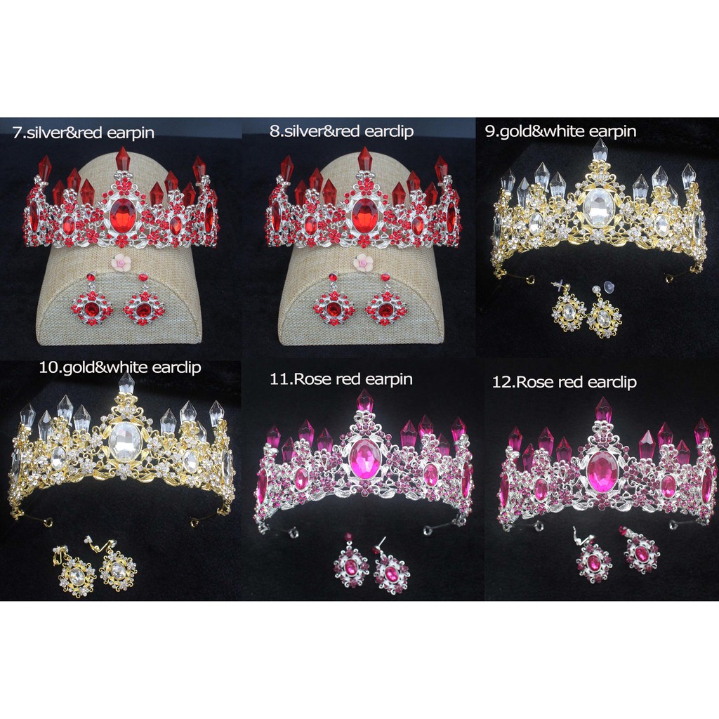 Vương miện đính đá lấp lánh + bông tai thời trang cho cô dâu