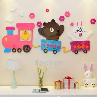 [Hàng VN] Tranh Dán Tường Mica 3D Tàu Hỏa Gấu Nâu Thỏ Trắng Vịt Con Trang Trí Mầm Non, Mẫu Giáo, Phòng Cho Bé
