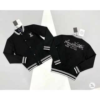 Áo khoác bomber nỉ thêu chữ lv bo kẻ trắng - áo bomber nam