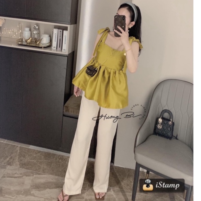 Set áo 2 dây nơ vai vàng quần ống rộng đồ bộ nữ đi chơi BN504 0322