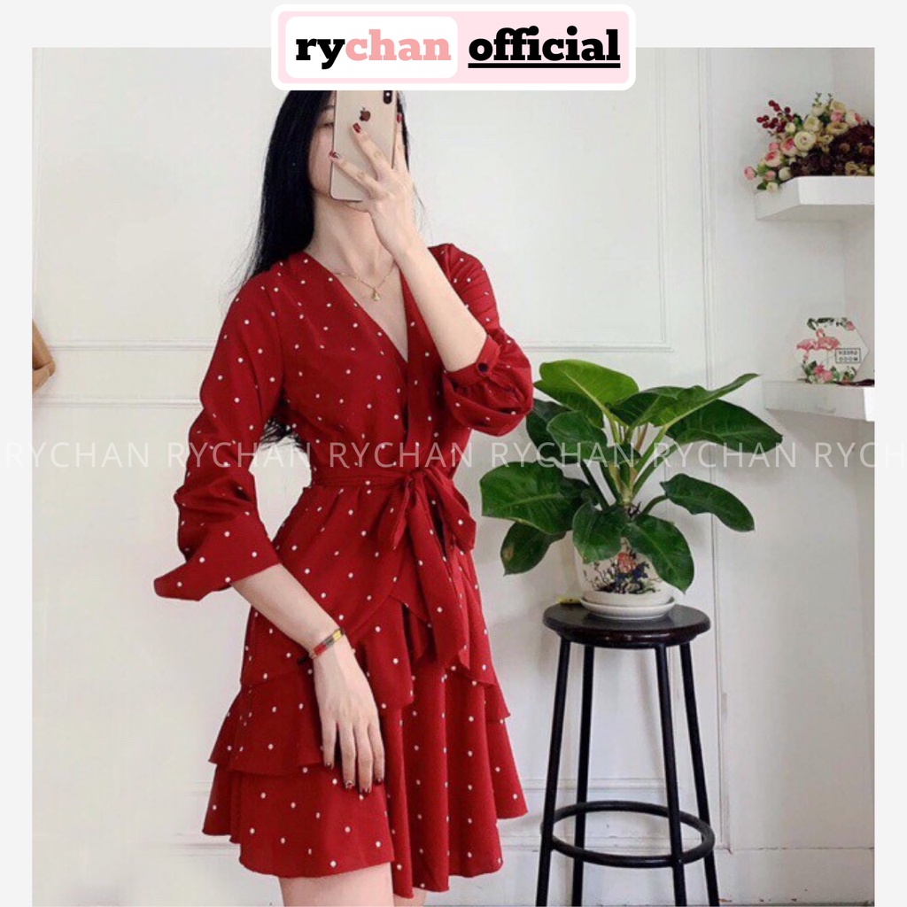 DX667 - Đầm Xòe Chấm Bi Đỏ Cổ V Cột Eo