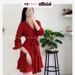 [XẢ KHO] DX667 - Đầm Xòe Chấm Bi Đỏ Cổ V Cột Eo