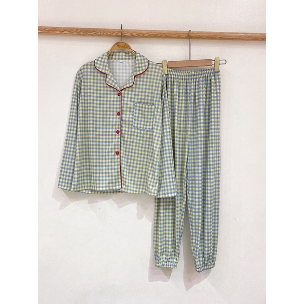 Bộ ngủ pijama dài tay họa tiết kẻ ô viền màu bo chân vải cotton