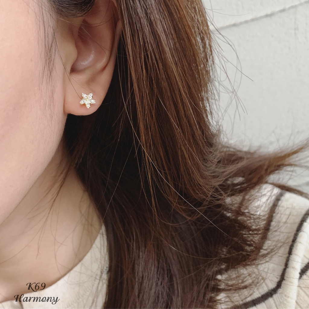 Khuyên tai nữ bạc 925 hình anh đào đính đá 2 màu xi bạch kim và vàng Sakura | HARMONY ACCESSORIES K69