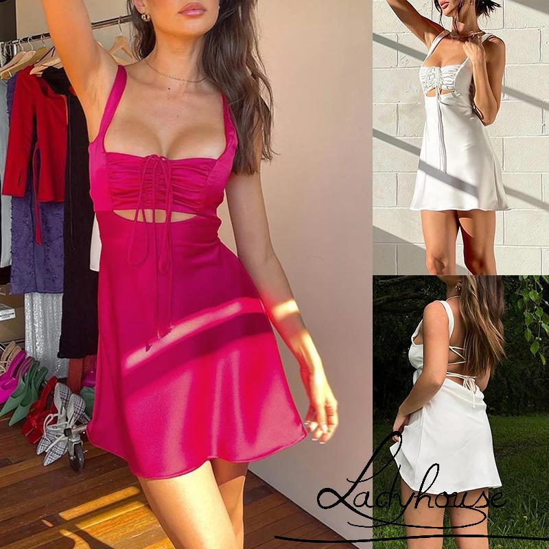 Đầm Không Tay Cổ Vuông Hở Lưng Dây Bản Rộng Thời Trang Mùa Hè Cho Nữ