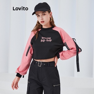 Áo sweatshirt thể thao Lovito dáng rộng có khoá kéo in họa tiết chữ ghép màu L04071 (màu đen)