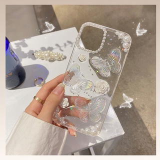 For iphone 14 pro max Ốp điện thoại TPU mềm họa tiết bướm trang trí ngọc trai giả ngọt ngào cho Iphone 13 12 Pro 11pro Max Xr Xs Max 8 7plus