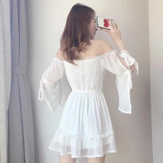 [ORDER] Váy trắng trễ vai tiểu thư xẻ tà