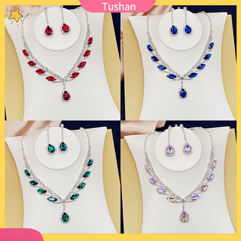 Set dây chuyền và đôi khuyên tai mặt hình giọt nước đính đá nhân tạo lấp lánh thời trang dành cho cô dâu