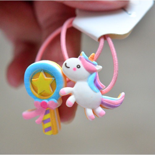 Set 2 dây cột tóc co giãn hình kỳ lân màu cầu vồng dễ thương cho bé gái