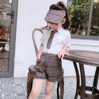 Sét bộ áo sơ mi quần kẻ bé gái kkc