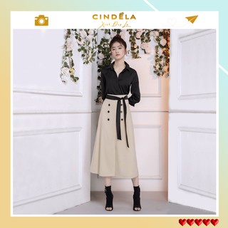 [CINDELA - Hình Thật]  Chân Váy Chữ A Dài Đính Nút Và Áo Sơ Mi Nữ Dài Tay (Nguyên Bộ - Tặng Kèm Đai Lưng Vải Y Hình)