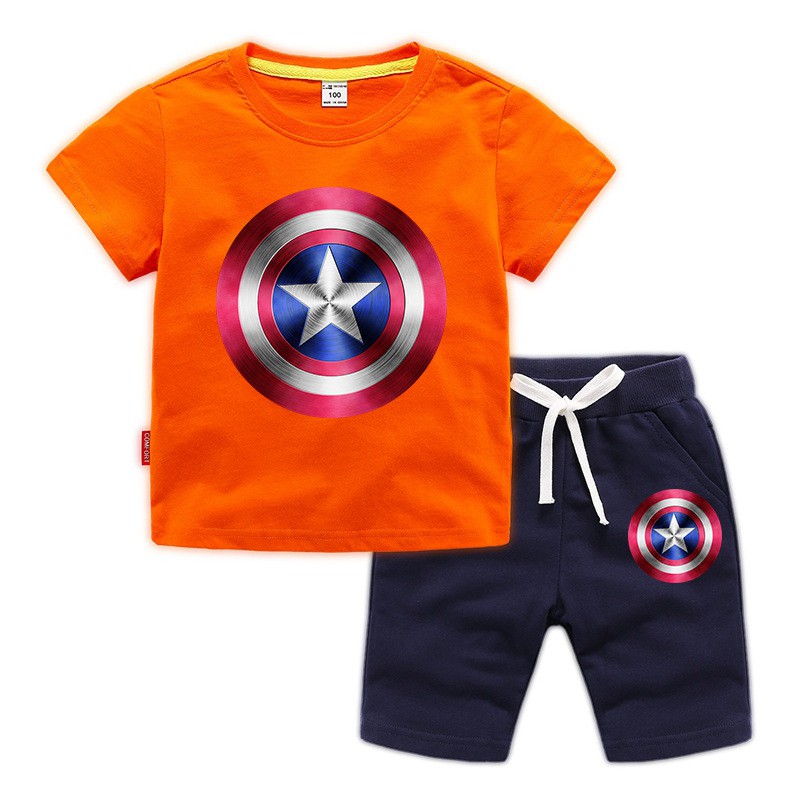 Bộ Đồ 2 Món Áo Thun Tay Ngắn In Hình Khiên Captain America Và Quần Dài Vải Cotton Dành Cho Bé Trai Bé Gái