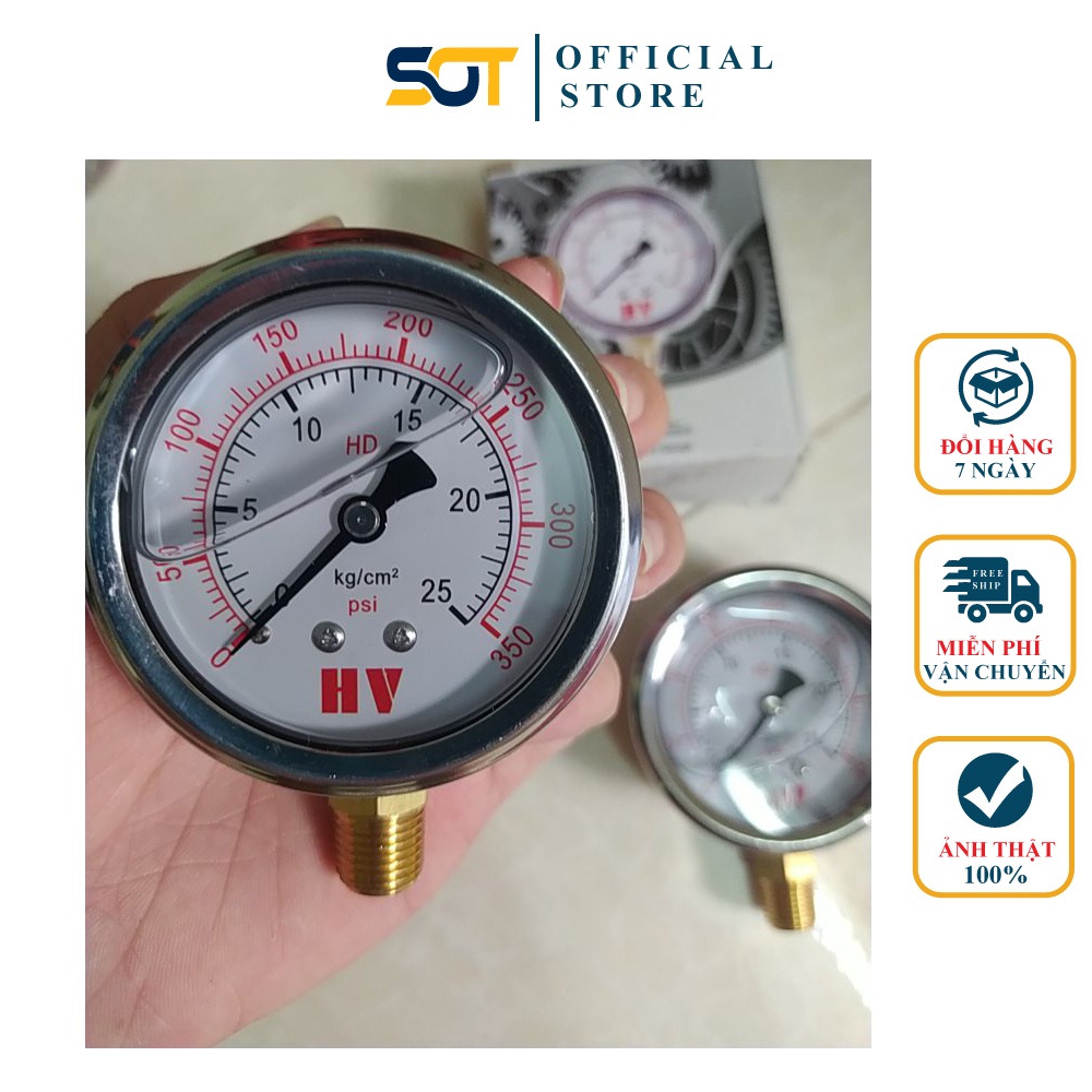 Đồng Hồ Dầu, Đồng Hồ Đo Áp Suất Dầu HV Mặt 63mm - Chân Ren 13mm