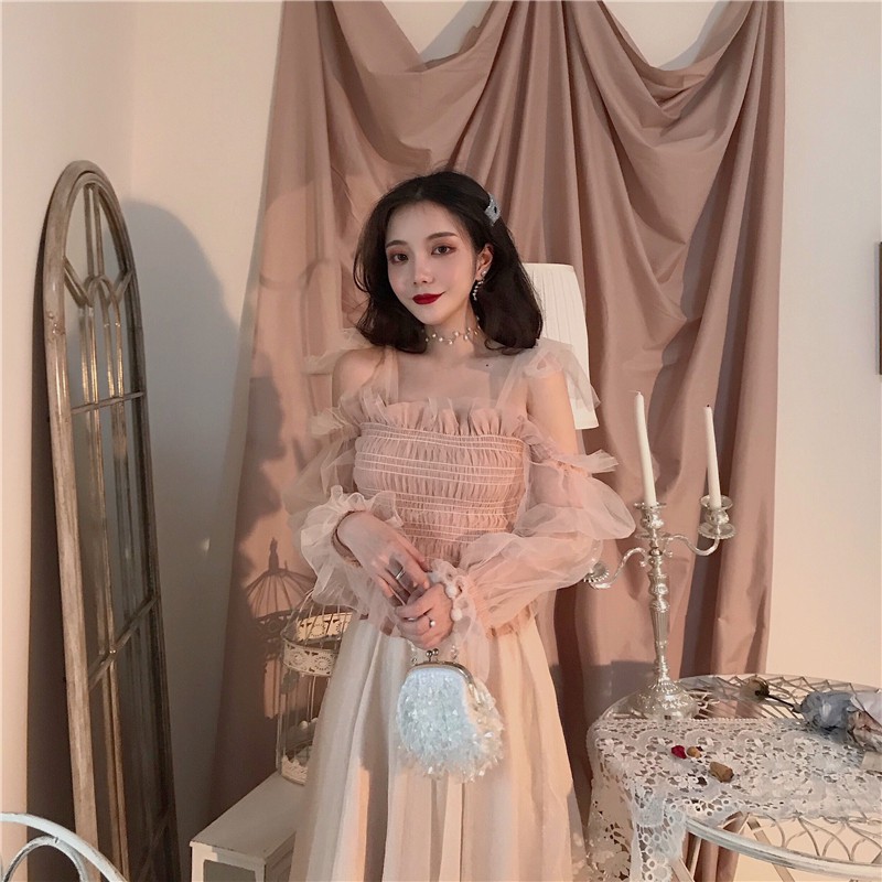 Set đầm công chúa phối hồng hoa ngọt ngào Ulzzang