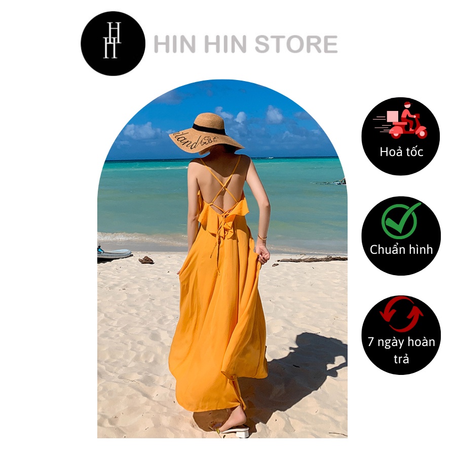 Đầm maxi hai dây hở lưng đan chéo viền bèo đi biển màu vàng HDC33 Hỉn Hỉn Store