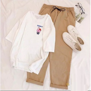 Bộ Đồ Nữ Mặc Đi Chơi Phối Sét Dự Tiệc, Mặc Ở Nhà Mùa Hè, Áo Phông Cotton Logo Thỏ Kèm Quần Kaki Phong Cách Teen Hàn Quốc