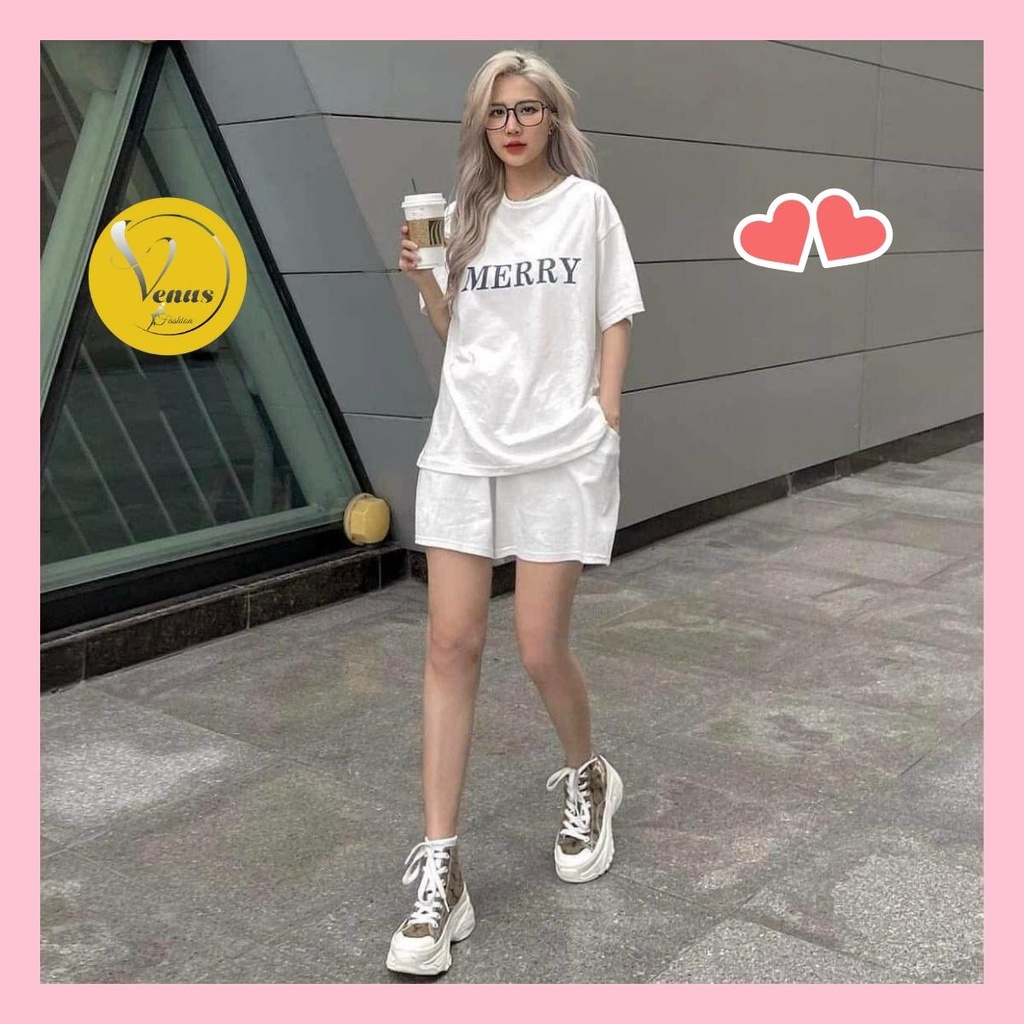 Bộ đùi thun cộc tay MERRY set quần short ngắn áo phông form rộng in hình thể thao đi dạo hàn quốc - VENUS