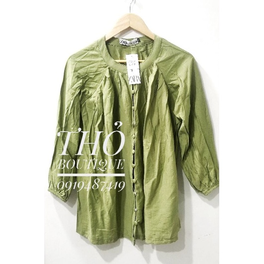 Áo sơ mi ZARA xuất xịn đũi linen cổ tàu nút bọc gài giữa tay dài phồng màu xanh lục